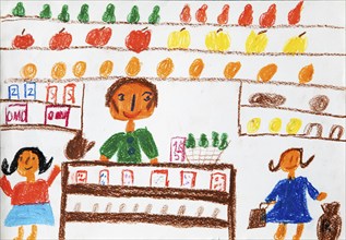 Naive illustration, children's drawing, shop in a grocery shop