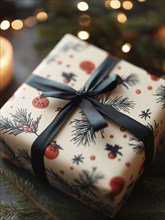 A Christmas gift wrapped in Christmas paper with a hugge pattern, the box is on the table,