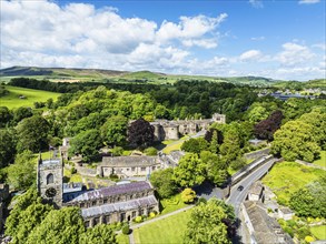 Skipton Castle from a drone, North Yorkshire, England, United Kingdom, Europe