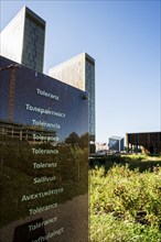 Stele with the inscription Tolerance, European Court of Justice, ECJ, Kirchberg Plateau, Luxembourg