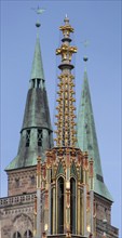 Spire of the Beautiful Fountain, behind the towers of St Sebald's Church, Main Market Square,