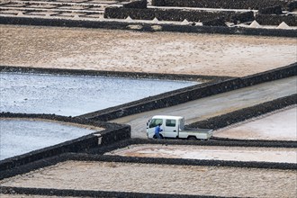 Sea salt extraction, Janubio salt works, Salinas de Janubio, Lanzarote, Canary Islands, Spain,