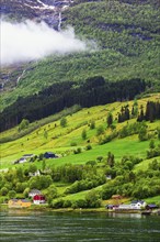 Mountains and Fjord over Norwegian Village, Olden, Innvikfjorden, Norway, Europe