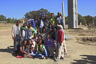 Tigray region, in the stele park of Axum, Aksum, group of local students, young people, Ethiopia,