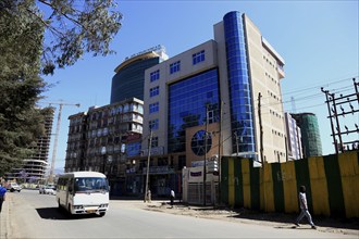 Addis Ababa, street scene in the city centre, skyscraper and office building, Ethiopia, Africa