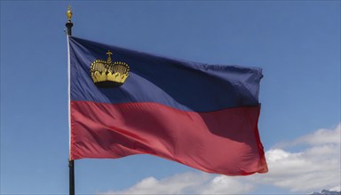 The flag of Liechtenstein flutters in the wind