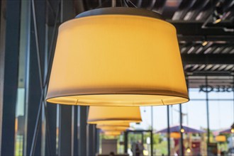 Table lamps in a motorway restaurant, Baden-Württemberg, Germany, Europe