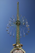 80 metre high giant chain flyer tower under a blue sky, Cranger Kirmes, Herne, Ruhr area, North