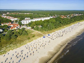 Aerial view, drone photo beach chairs and sandy beach at the Baltic Sea, Baltic resort Karlshagen,