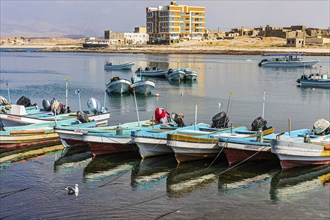 Fishing boats anchored in the harbour of Mirbat, Dhofar Province, Arabian Peninsula, Sultanate of