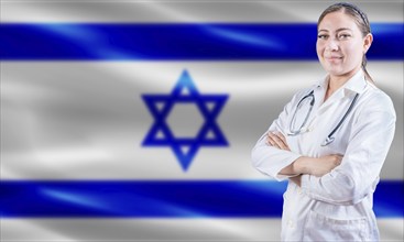 Female doctor on Israel flag. Doctor with crossed arms on Israeli flag. Israeli Health and Care