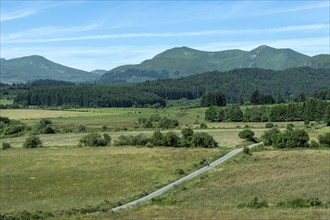 Hikers stroll along a path at the foot of the Monts Dore in the picturesque Auvergne Volcanoes