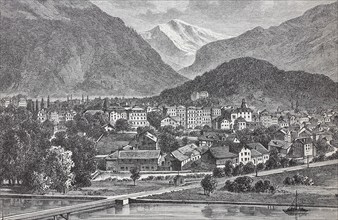 The town of Interlaken in Switzerland, in 1880, Historical, digital reproduction of an original