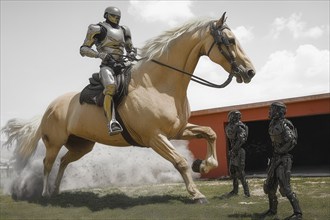 Cyborg soldier in full battle armor on rearing white horse, AI generated