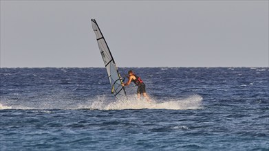 A windsurfer navigates with a big sail over the blue water, windsurfer, Meltemi windsurfing spot,