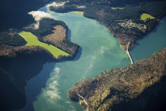 Aerial view, bird's eye view, Sylvenstein Lake, Upper Bavaria, Bavaria, Germany, Europe