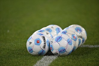 Adidas Derbystar match balls lying on the pitch, Allianz Arena, Munich, Bavaria, Germany, Europe