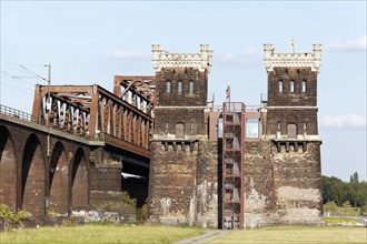 Old bridge pier from 1873 on the Duisburg-Hochfeld railway bridge, Duisburg, North