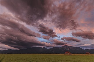 Thunderclouds in the evening light, Loisach-Lake Kochel moor, view of Kochler mountains, Alpine