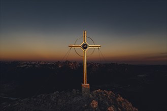 Summit cross, sunrise hiking tour on the Säuling in the Allgäu in Bavaria, Germany, Europe