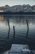 Frosty morning atmosphere during sunrise at Lake Hopfensee in the Allgäu in Bavaria, Germany,