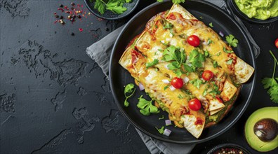 Plate of enchiladas with a side of salsa and guacamole. Wooden table with bowls of various sauces,