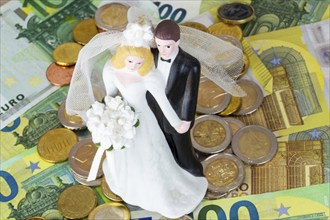 Bride and groom figure on euro banknotes and coins