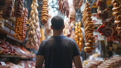 Man standing in front of a variety of shelved and hanging meats. generative AI, AI generated