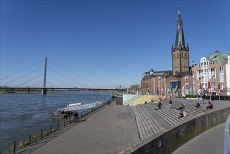 Empty Rhine embankment promenade, consequences of the contact ban, effects of the coronavirus