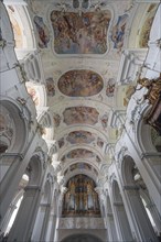 Baroque vault with organ loft of the Basilica of St Mauritius, Niederaltaich, Lower Bavaria,