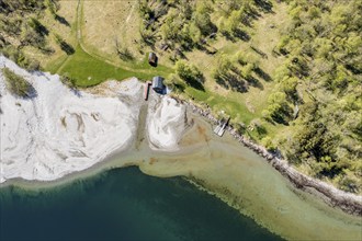 Aerial view of lake Lovatnet (or: Loenvatnet), sandy beach and birch forest, valley Lodalen south