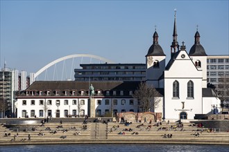 Kennedyufer in Cologne Deutz, on the Rhine, Old St Heribert Church, arch of the Lanxess Arena,