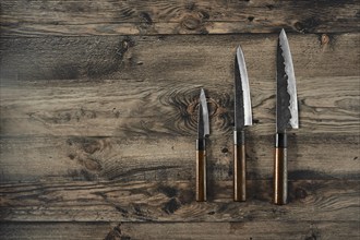 Three different types of kitchen knives are placed on a rustic wooden surface, showcasing their