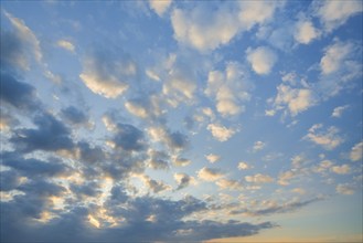 Sun breaks through cloud cover and illuminates fleecy clouds in the evening blue sky