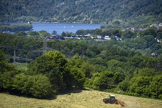 Lake Baldeney in Essen, view to the west, over the district of Kupferdreh, from Velbert, farmer