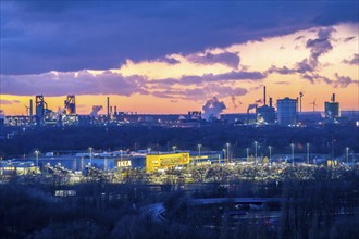 Skyline of the Duisburg steel site, Thyssenkrupp Steel Europe, in Duisburg-Bruckhausen, sunset,