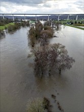 Flood on the Ruhr, near Mülheim, Ruhr Valley Bridge, A52 motorway, after days of continuous rain,