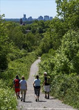 Hiking trail on the Zollverein slagheap 4/11, in Gelsenkirchen, with a view of the city centre of