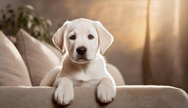 White Labrador Retriever (Canis lupus familiaris), cute puppy lying on sofa in living room, animal