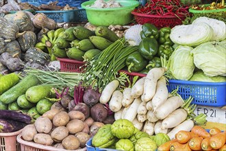 Various fresh fruits and vegetables on the market in Vietnam