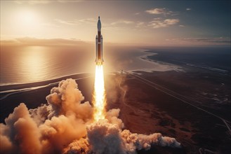 Aerial view of a rocket launch at sunrise sunset over an ocean coast. The rocket is blasting off