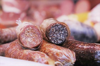 Sausage counter in a butcher's shop