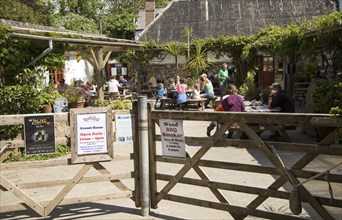 People eating ice cream at Roskilly's farm, near St Keverne, Lizard Peninsula, Cornwall, England,