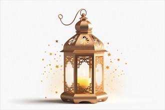 Golden Ramadan lantern on white background emits a warm glow, surrounded by sparkling stars,