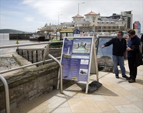 Information boards for boat trips to Flat Holm and Steep Holm islands, Weston super Mare, Somerset,