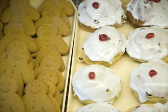 Cakes in a bakery display