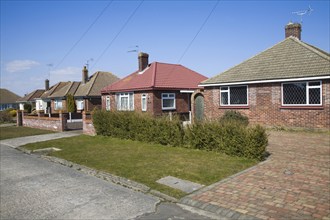 Bungalow private owner occupied housing at Frinton on Sea, Essex, England, United Kingdom, Europe