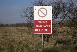 Military firing range Keep Out sign, Imber Range, Salisbury Plain military training area,