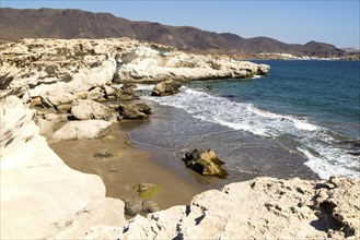 Fossilised sand dune rock structure, Los Escullos, Cabo de Gata natural park, Almeria, Spain,