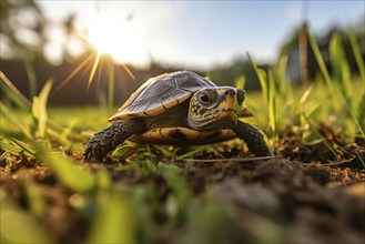 A cute little turtle crawls in grass, illuminated by the golden rays of the setting sun, AI